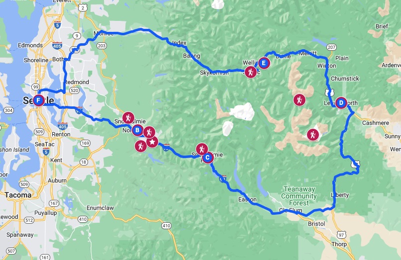 Google Map of a road trip around 1-90 and Highway 2 in Washington