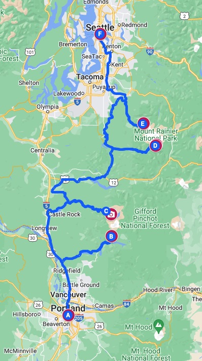 Google Map of the Mount St. Helens and Mount Rainier Road Trip