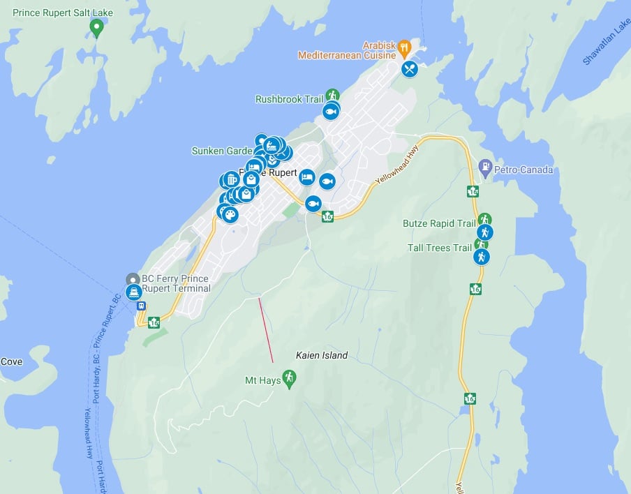 Google Map of things to do in Prince Rupert.