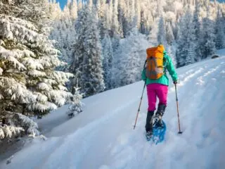 A woman snowshoes up a hill in a snowy forest - get suggestions for the best gifts for snowshoers