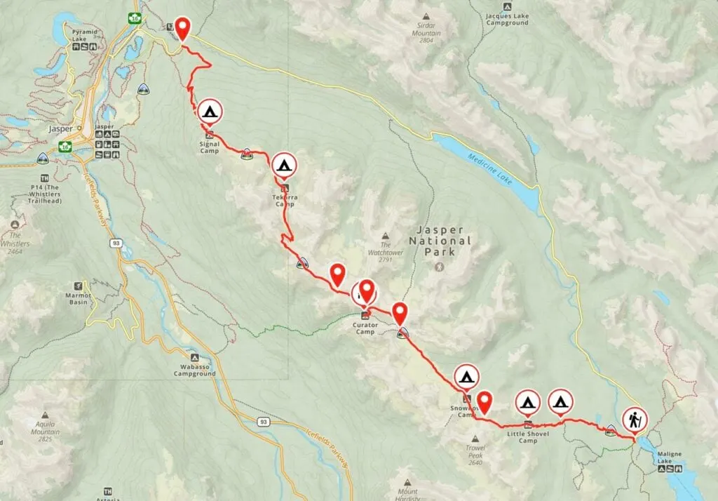 Map of the Skyline Trail in Jasper National Park
