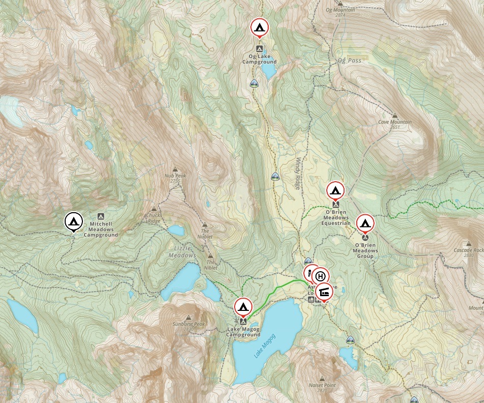 Map of the Mount Assiniboine core area showing the main campsites, lodge, and huts