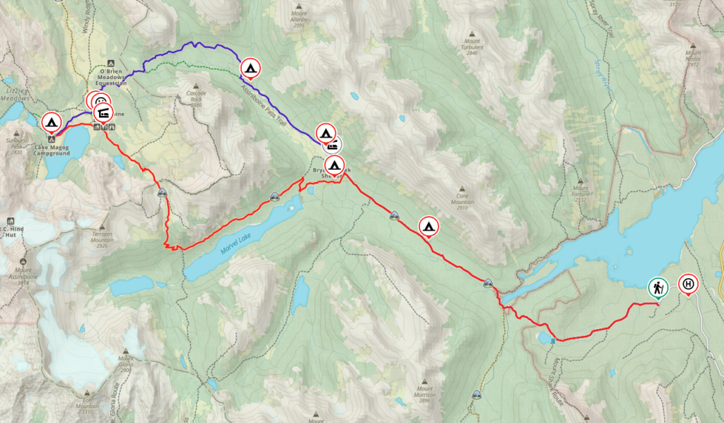 Map showing campgrounds on the Assiniboine Pass and Wonder Pass routes to Mount Assiniboine Provincial Park