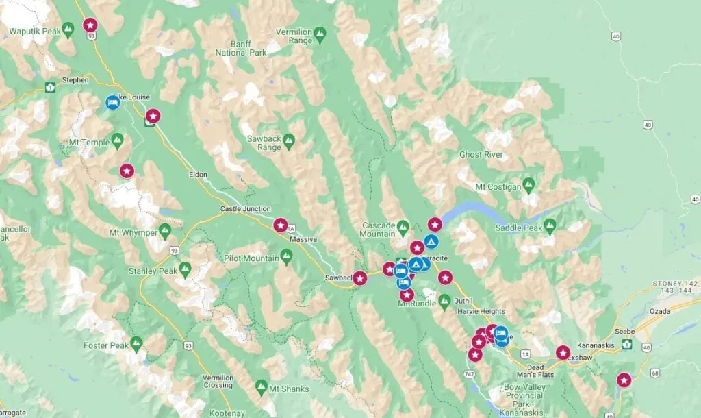 Map showing locations of activities to do in Banff in the spring