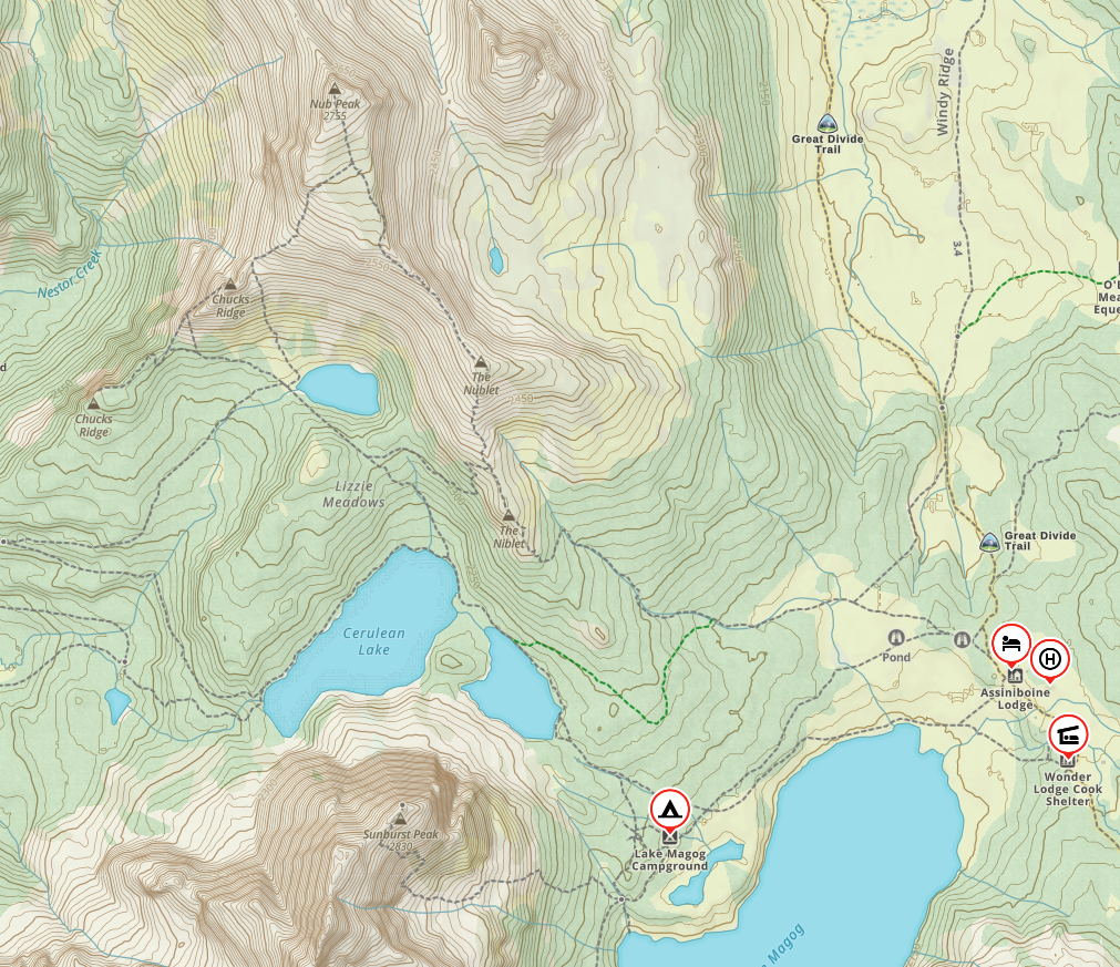 Map showing day hikes from Lake Magog