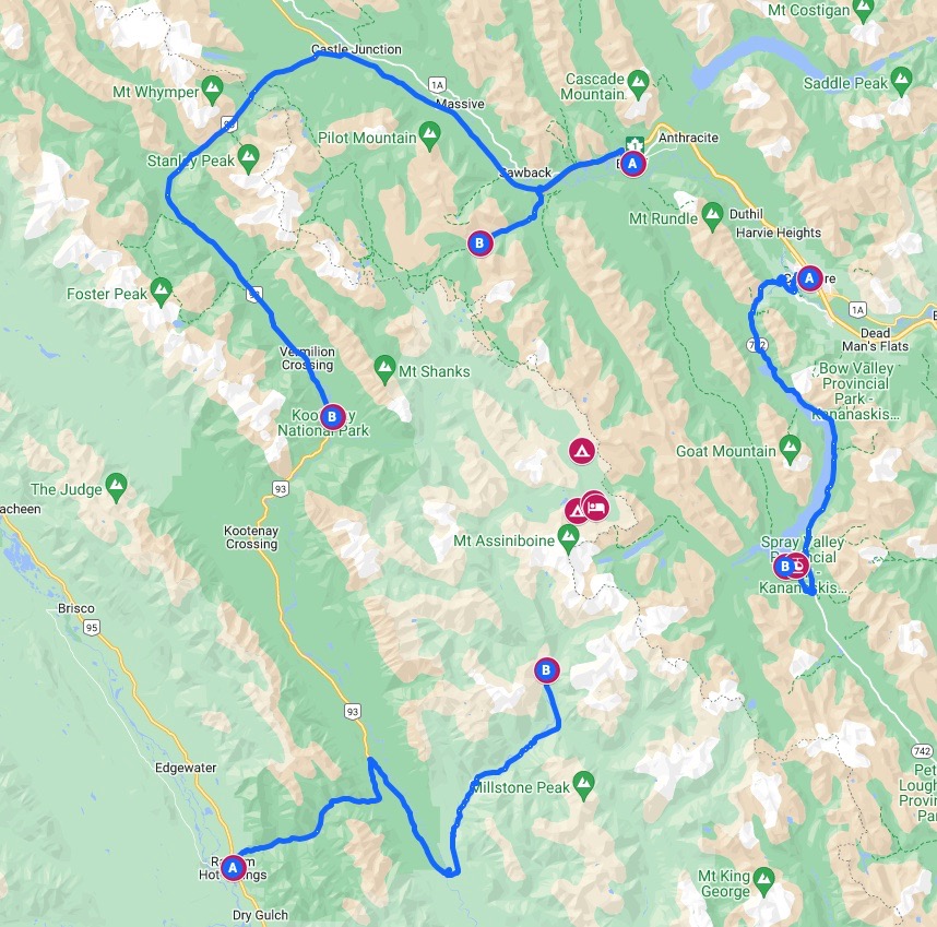 Google Map showing the locations for all trailheads for hiking to Mount Assiniboine.