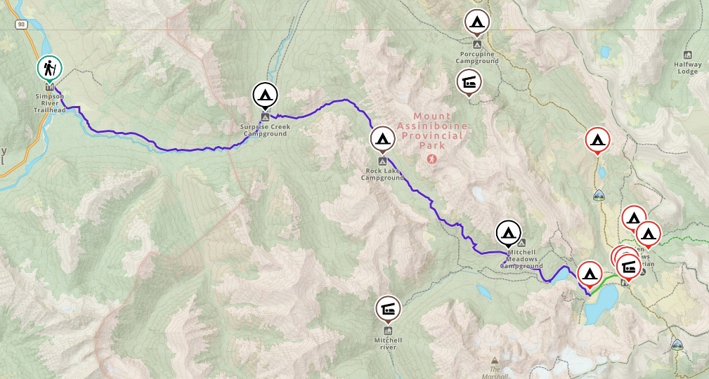 Map showing the Simpson River/Ferro Pass route to Mount Assiniboine Park