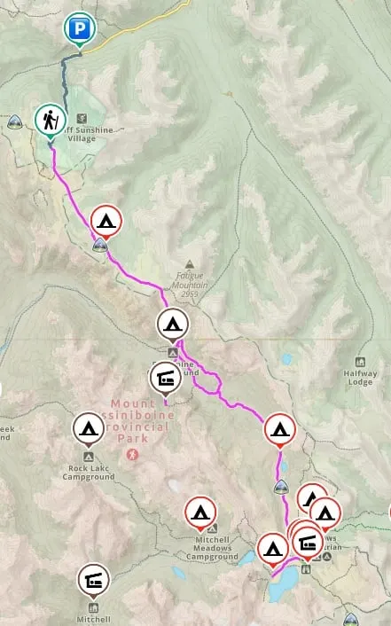 Mount Assiniboine Trail map showing the route from Sunshine/Citadel Pass to Lake Magog