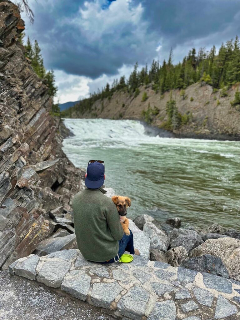 A man holds a dog next to Bow Falls in Banff in the spring