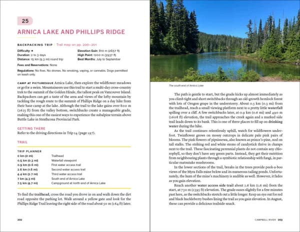 Two page spread from the book Backpacking on Vancouver Island showing the Arnica Lake hike