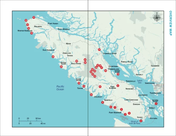 Overview map showing the locations of all the hikes in Backpacking on Vancouver Island