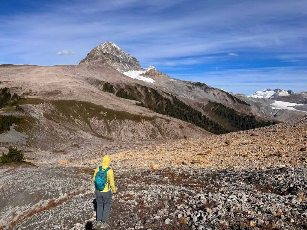 A hiker in a yellow jacket hikes up a long screen slope towards Diamond Head Peak in Garibaldi Provincial Park