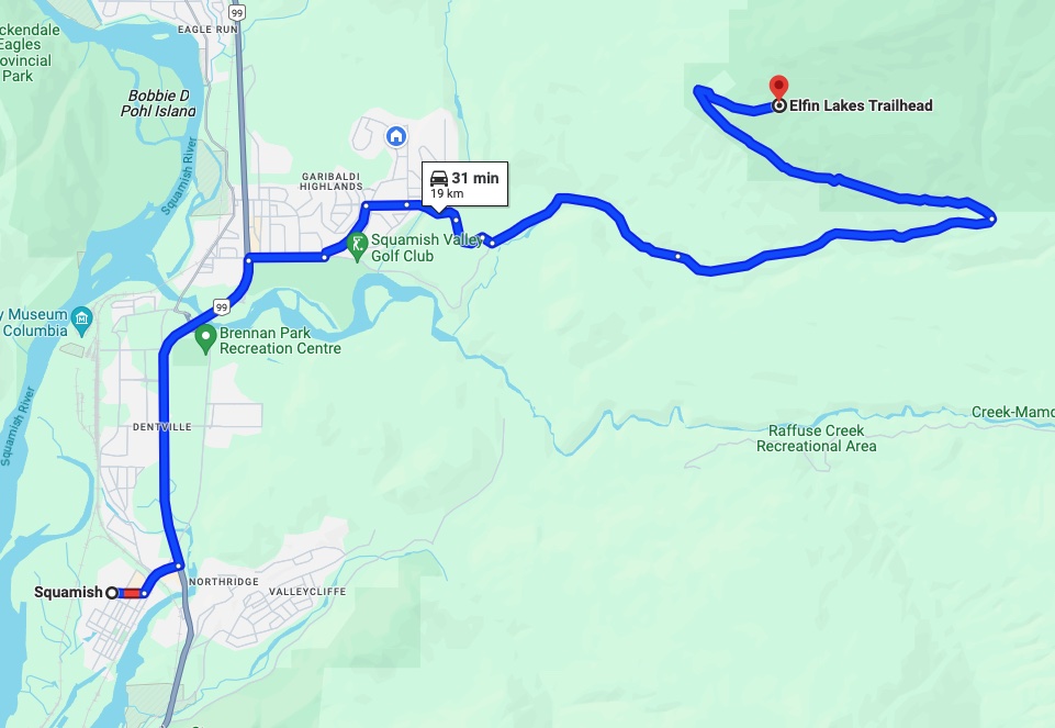 Map showing driving directions to the Elfin Lakes Trailhead from downtown Squamish.