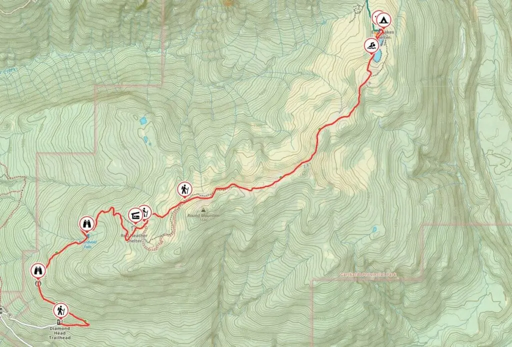 Map of the hike to Elfin Lakes in Squamish with key locations highlighted