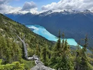 Looking down to Cheakamus Lake from the High Note Trail in Whistler