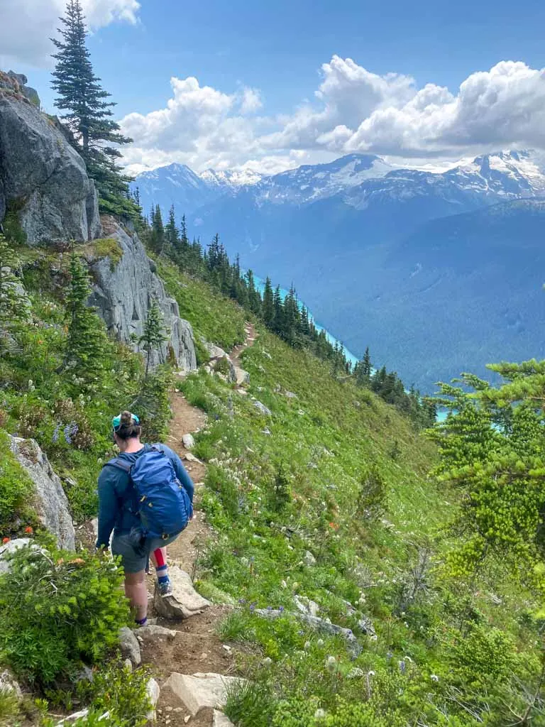 A hiker wearing a blue backpack walks along a narrow trail through flower meadows on the side of a mountain