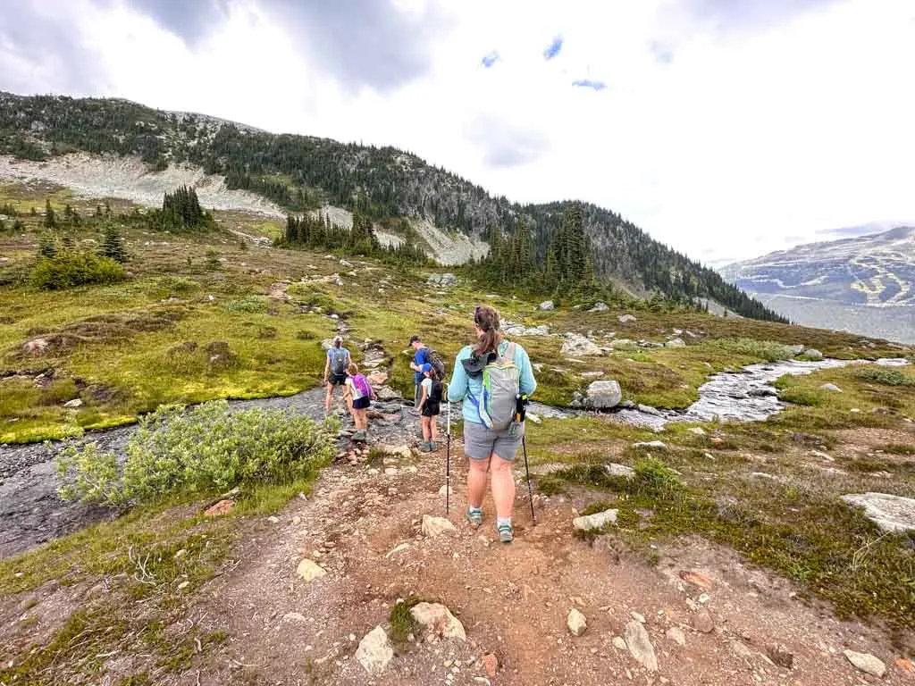 A group of hikers cross Symphony Creek on rocks