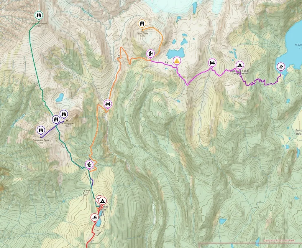 Map showing the hikes you can do from Elfin Lakes in Squamish