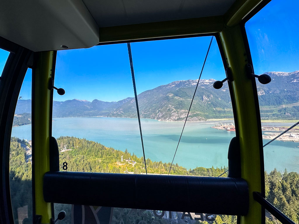 View from of Howe Sound and the Squamish Harbour from inside the Sea to Sky Gondola