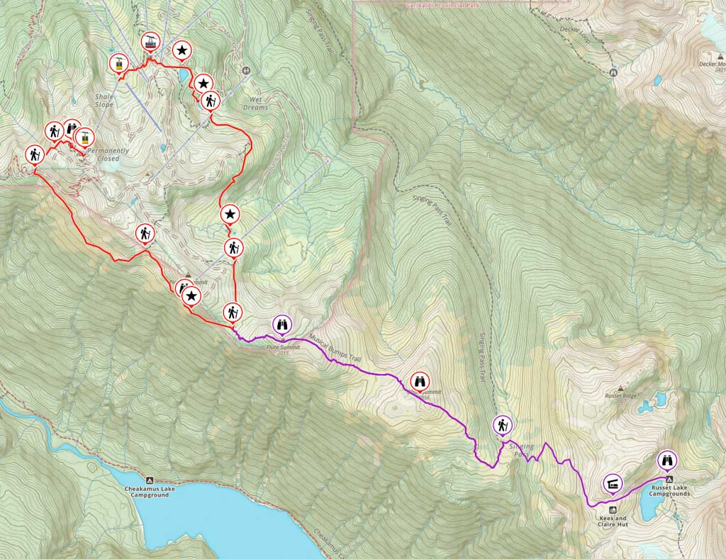 Map of the route to Russet Lake from the High Note Trail