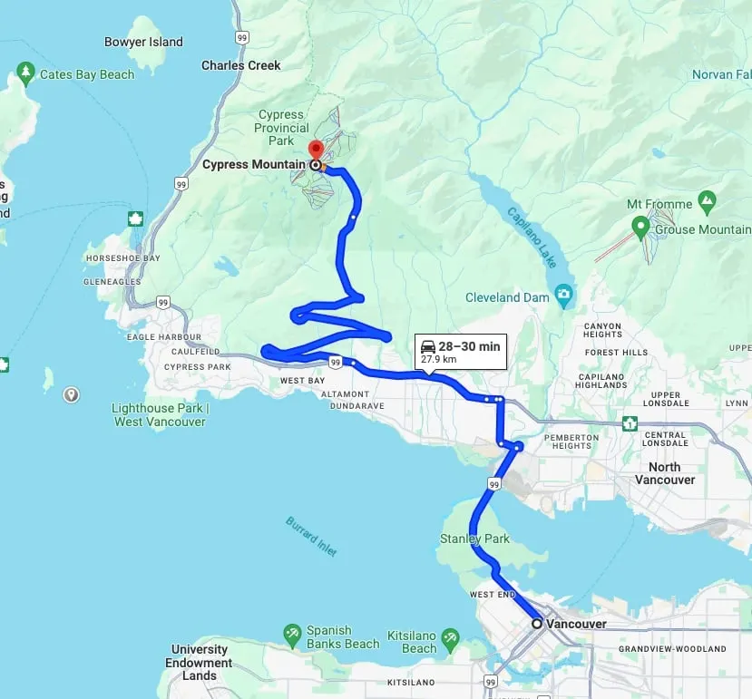 Google Map showing driving directions from Vancouver to the trailhead for the St. Mark's Summit hike