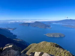 View of Howe Sound and Bowen Island from the top of St. Mark's Summit in Cypress Provincial Park in Vancouver