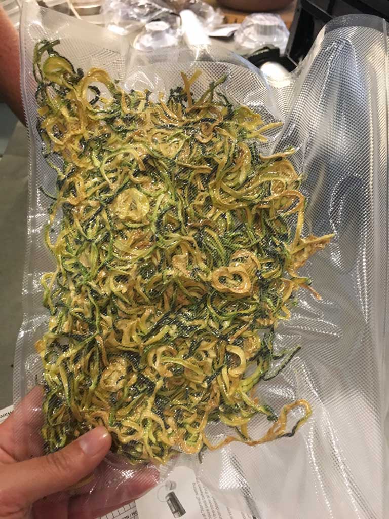 Home dehydrated zucchini noodles in a vaccum-sealed pouch