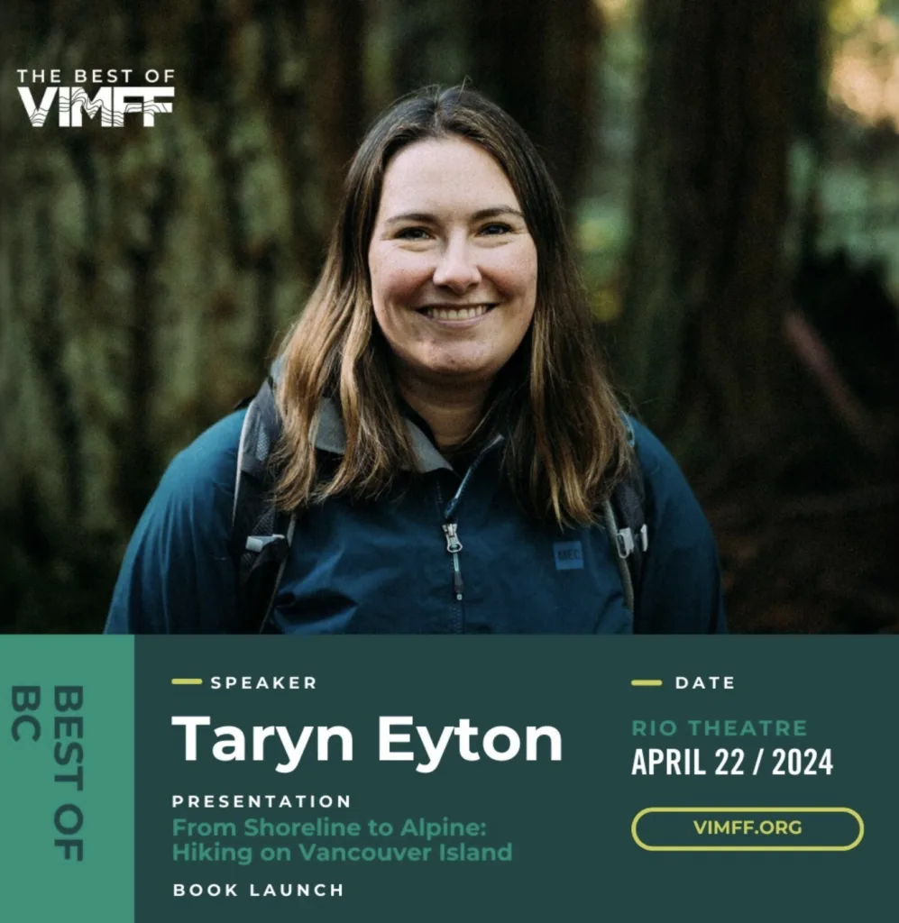 Promo poster for Taryn Eyton speaking about Backpacking on Vancouver Island at the Best of VIMFF event
