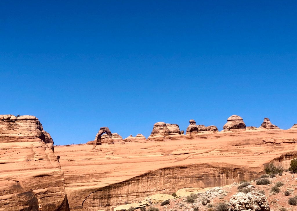 View of Delicate Arch from the Delicate Arch Viewpoint Trail - one of the best easy hikes in Moab