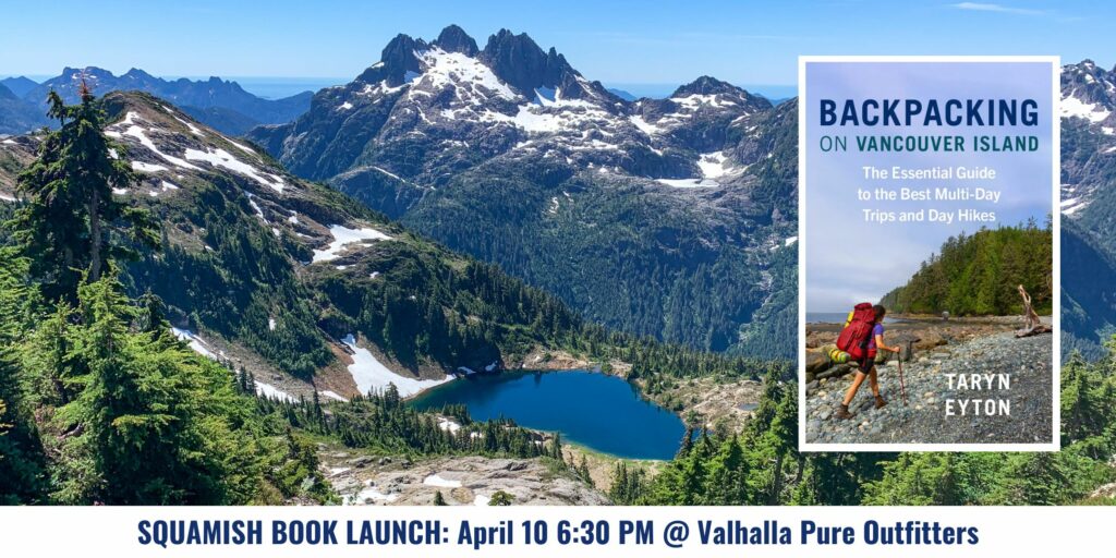 Promotional poster for Backpakcing on Vancouver Island book launch in Squamish