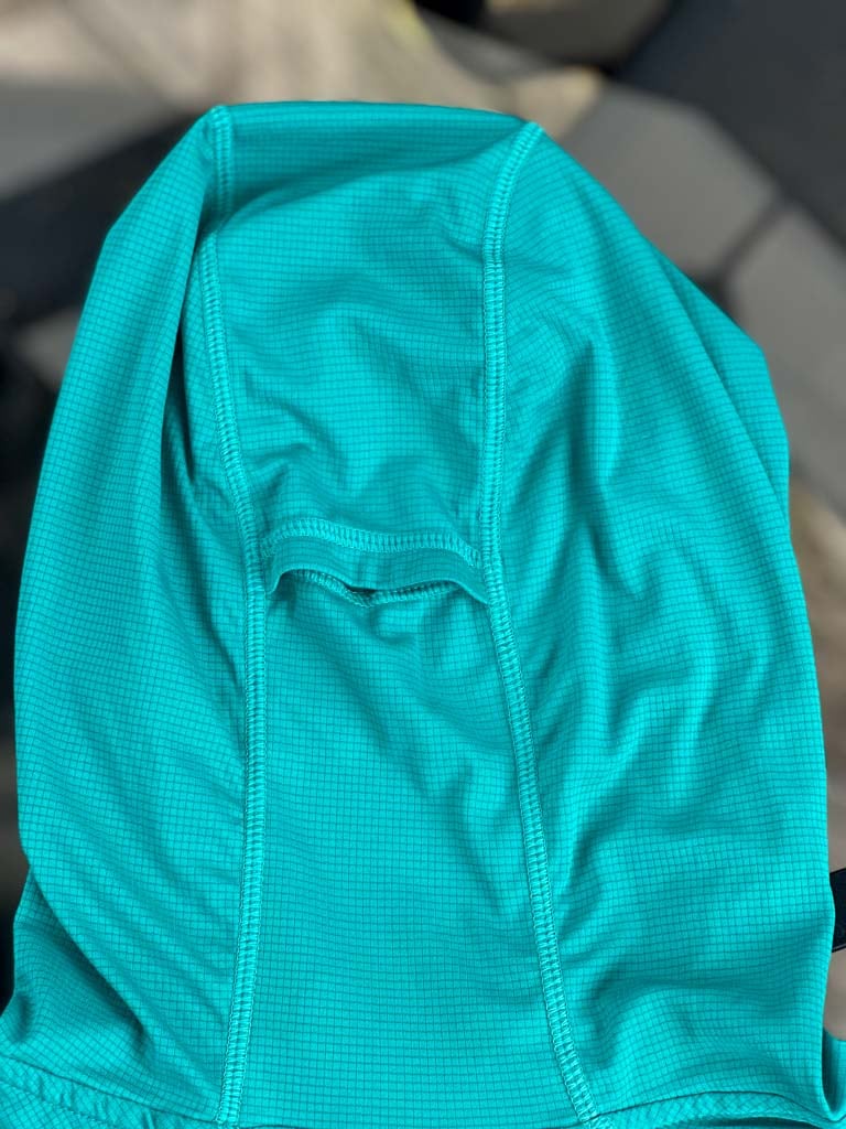 Close-up of the ponytail port on the Outdoor Research Echo Hoodie
