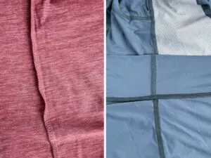 A close up of a shirt with overlock seams (left) and flat seams (right)