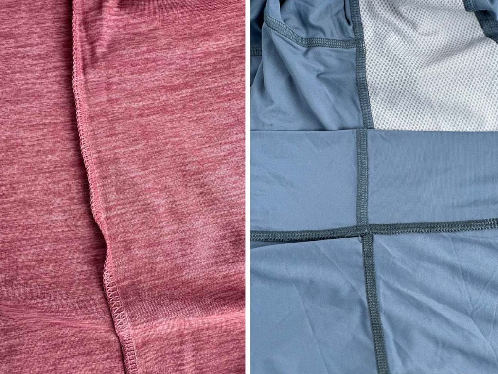 A close up of a shirt with overlock seams (left) and flat seams (right)