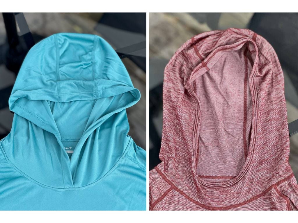 Close up of two types of hoods for sun hoodies