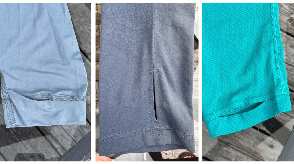 Close up of three different types of thumb holes on sun hoodies