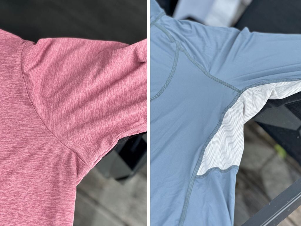 Close up of the underarms of two sun hoodies showing set-in sleeves vs. underarm gussets