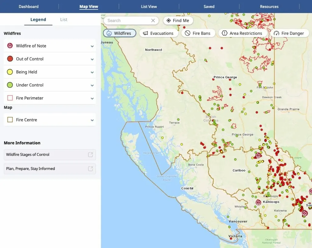 Screen shot from the BC Wildfire Service showing a map of active wildfires in British Columbia