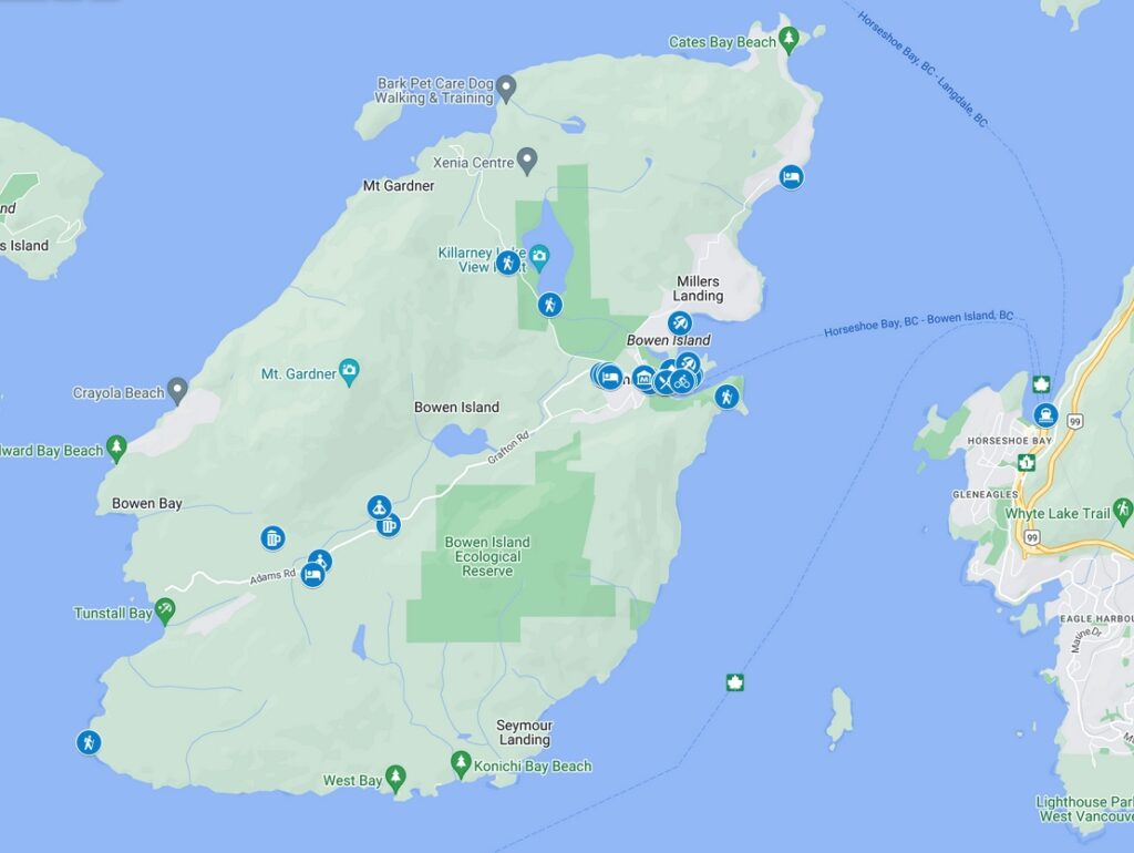 Google map of the best things to do on Bowen Island, BC