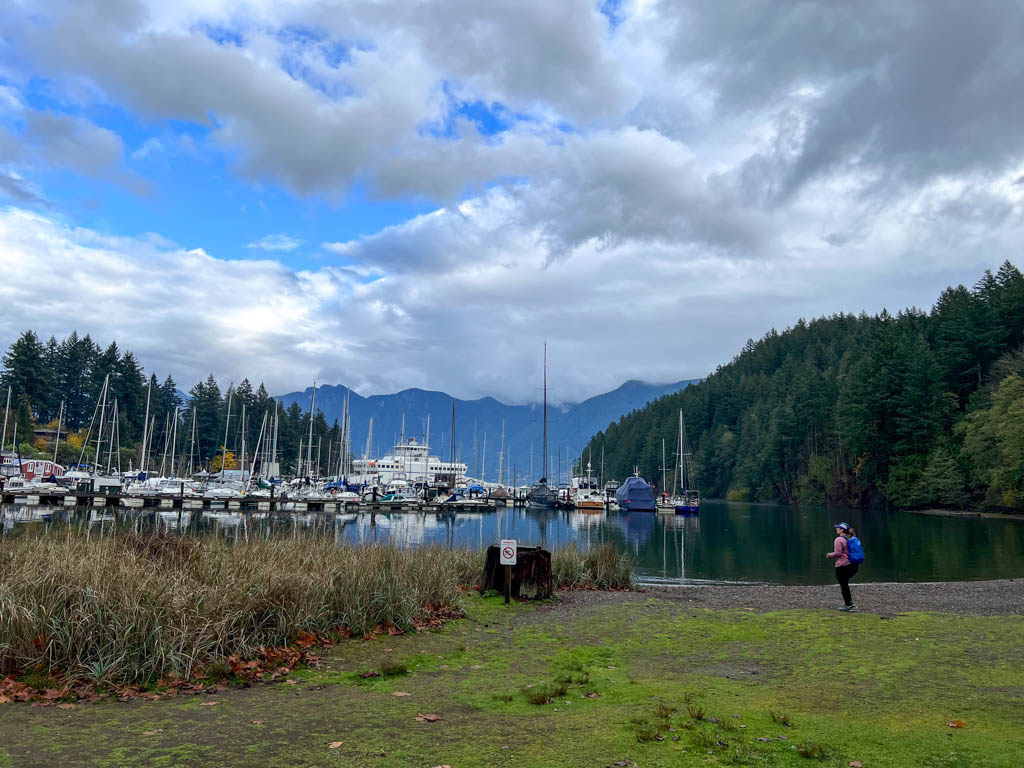 A woman stands on the grass at the Snug Cove Picnic area. You can see a BC ferry and boats at a marina in the background.