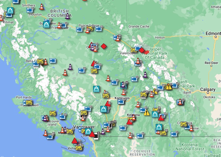 Screen shot of the Drive BC Map showing closures and alerts