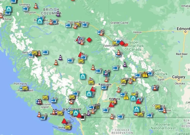 Screen shot of the Drive BC Map showing closures and alerts