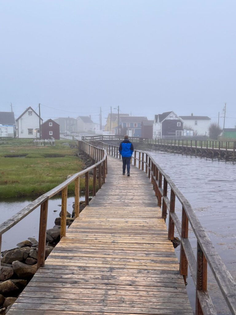 A man walks along the Old Day's Pond Boardwalk in the fog in Bonavista