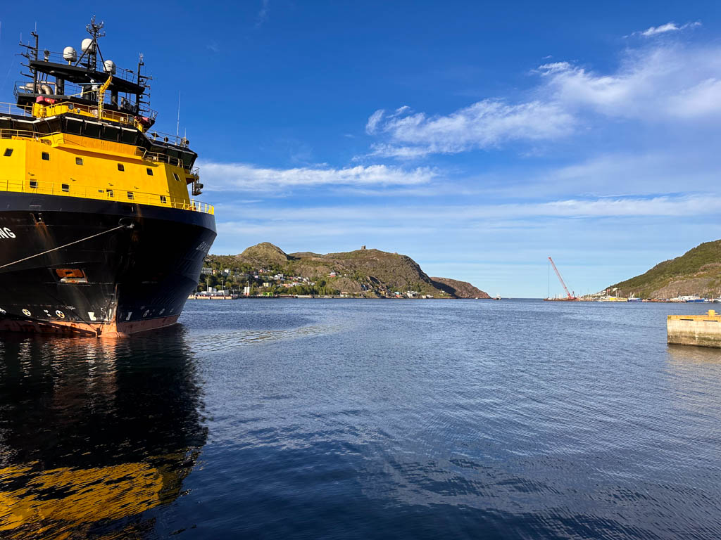 A ship moored in St. John's Harbour, as seen from Harbourside Park. 