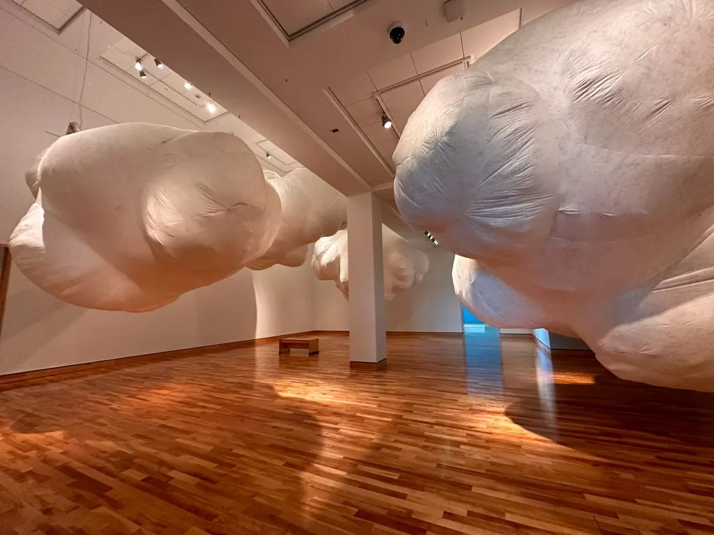 Air-filled cloud sculptures at The Rooms Museum