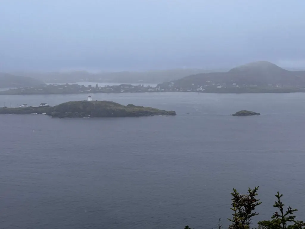 Looking across to Trinity from the Skerwink Trail. It is a very foggy and rainy day. 