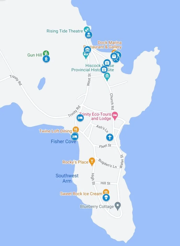 Map showing key sites around Trinity Newfoundland