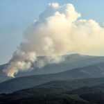 A plume of smoke rises above a forested mountain. Get tips for safe hiking in wildfire season