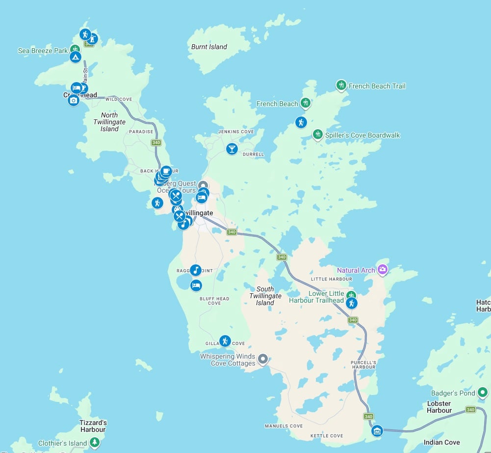 Google map showing the best things to do in Twillingate