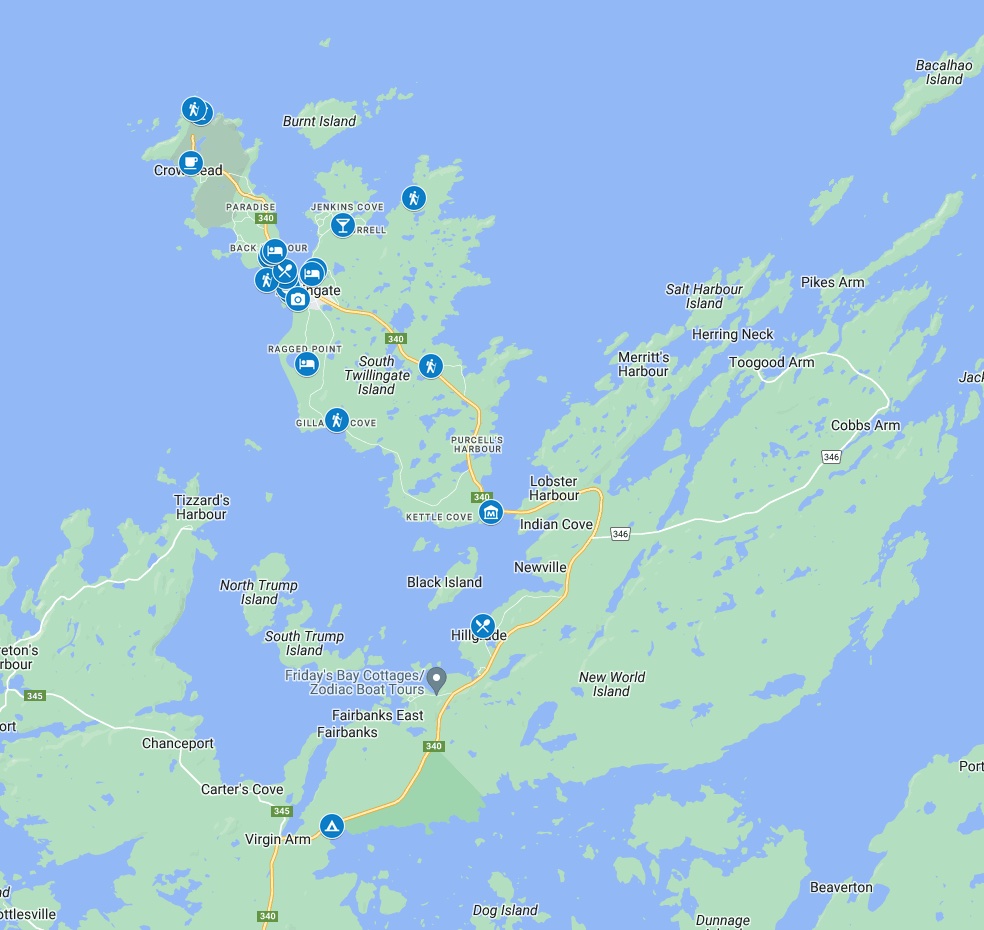 A google map showing the best things to do in Twillingate. 