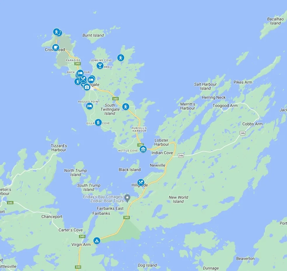 A google map showing the best things to do in Twillingate. 